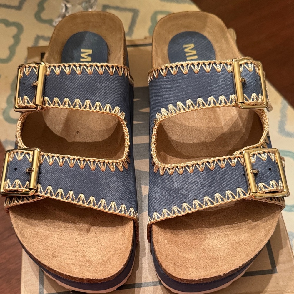 MIA Bowie Platform Blue Sandals with Gold Trim and Buckles